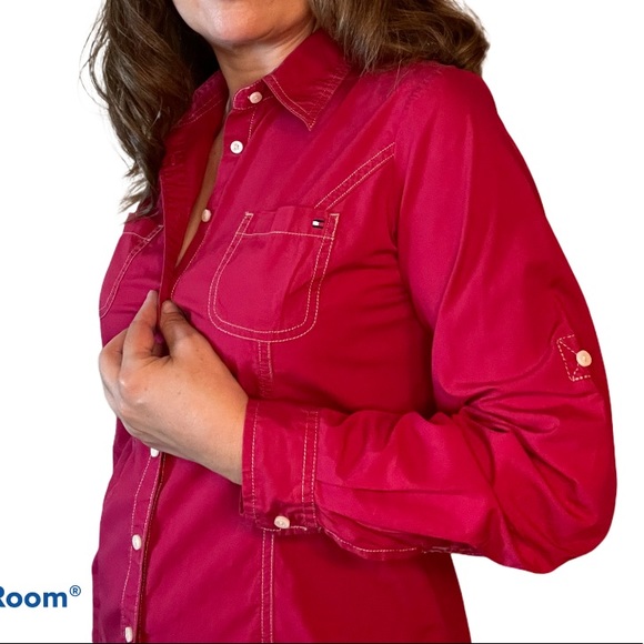 Tommy Hilfiger Cherry Red Roll-Tab Button-Up Shirt - Picture 6 of 10